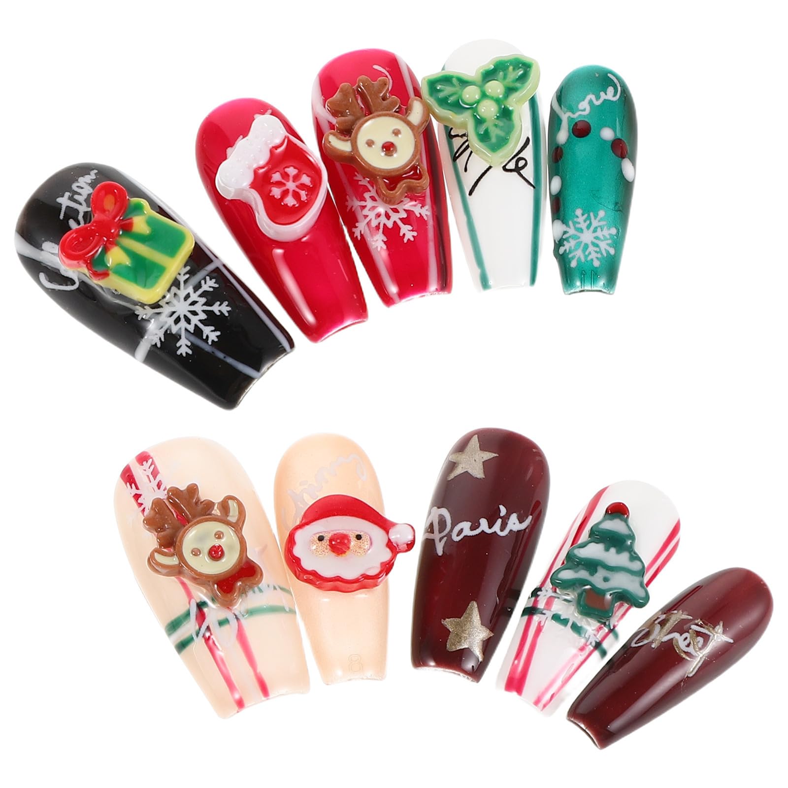 5 Juegos Uñas Postizas Navideñas Largas, Diseño Santa y Árbol, Rojo