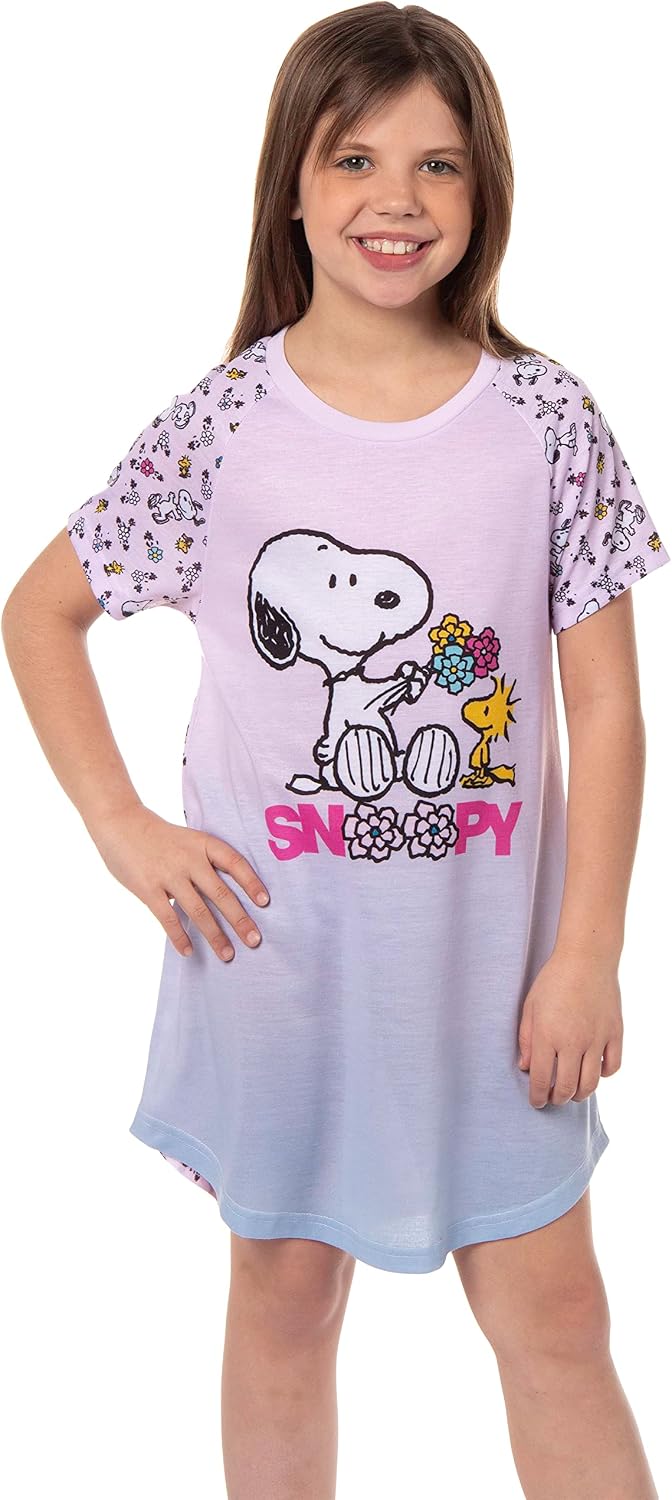 INTIMO Girls' Peanuts Snoopy Woodstock Flowers Friends Nightgown Sleep Pajama Shirt