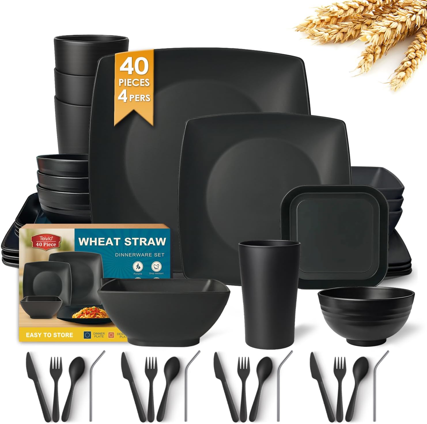 Teivio 40-piece Plastic Wheat Straw Square Dinnerware Set for 4, Unbreakable Dinner Plates, Salad/Tidbit Plates, Snack/Fruit Bowls, Tumblers 13.5oz, Flatware, Dishwasher Safe Outdoor RV Dishes, Black
