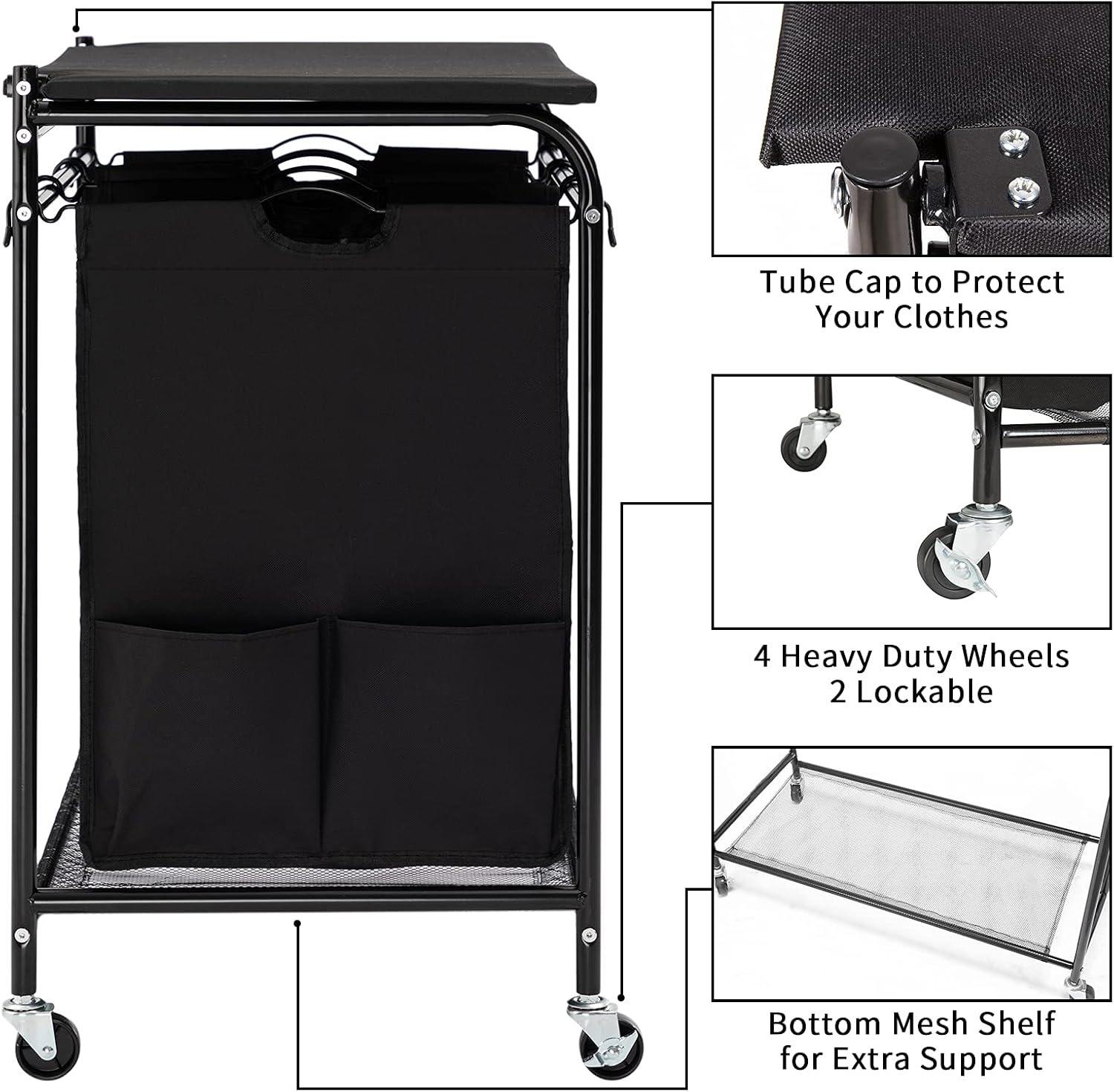 HollyHOME Laundry Sorter Cart with Foldable Ironing Board with Removable 3 Bags Laundry Hamper Sorter with Small cloth bags on both sides Black