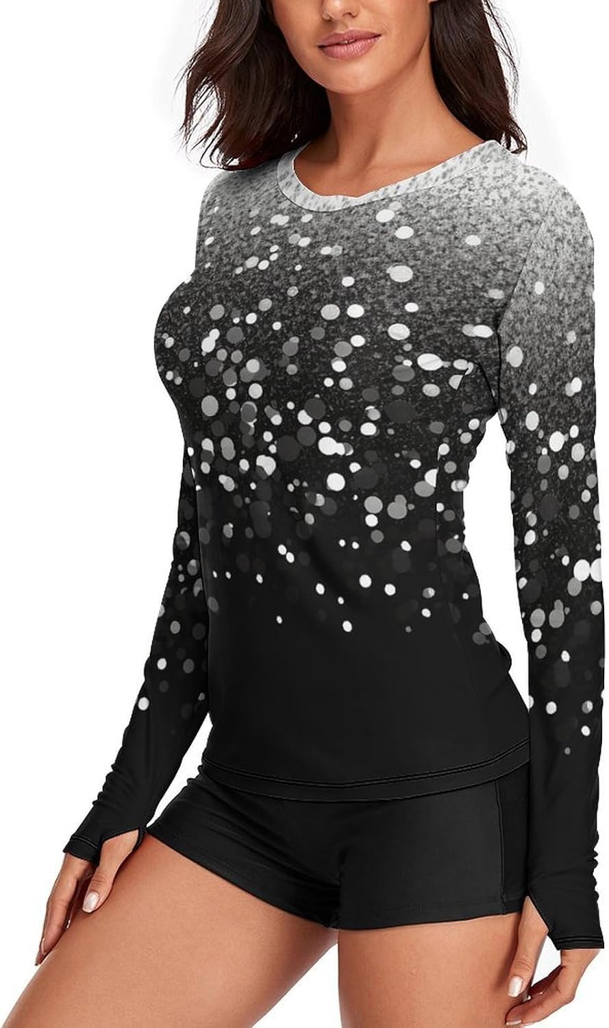 UPF 50+ Womens Sun Protection Shirts UV SPF T-Shirts Black White Glitter Long Sleeve Rash Guard Athletic Tops-