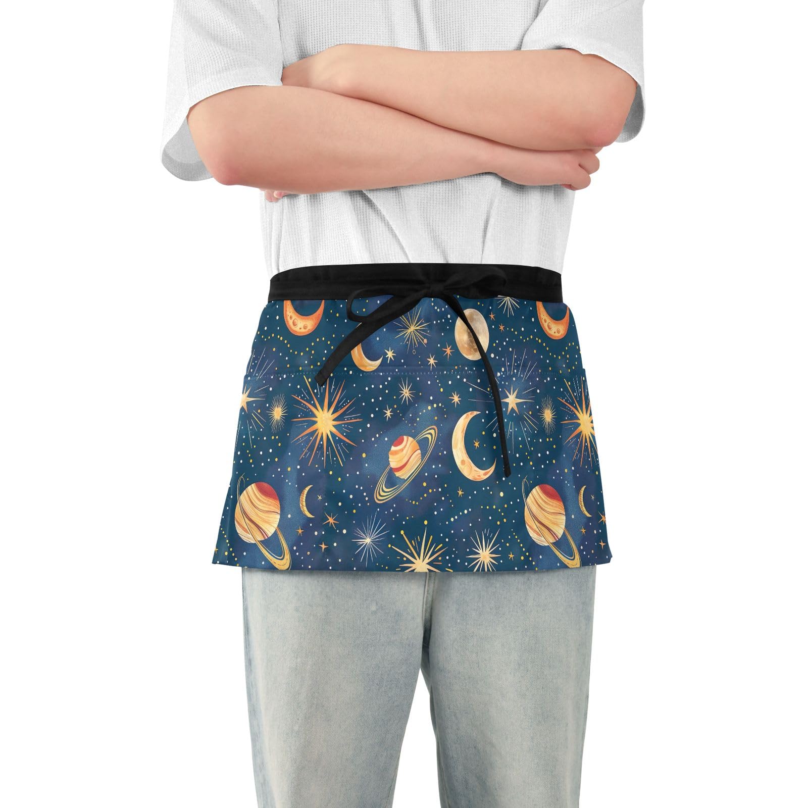 ODAWA Stars Moons Planets Blue Half Apron with 3 Pockets Serving Aprons for Waitresses Short