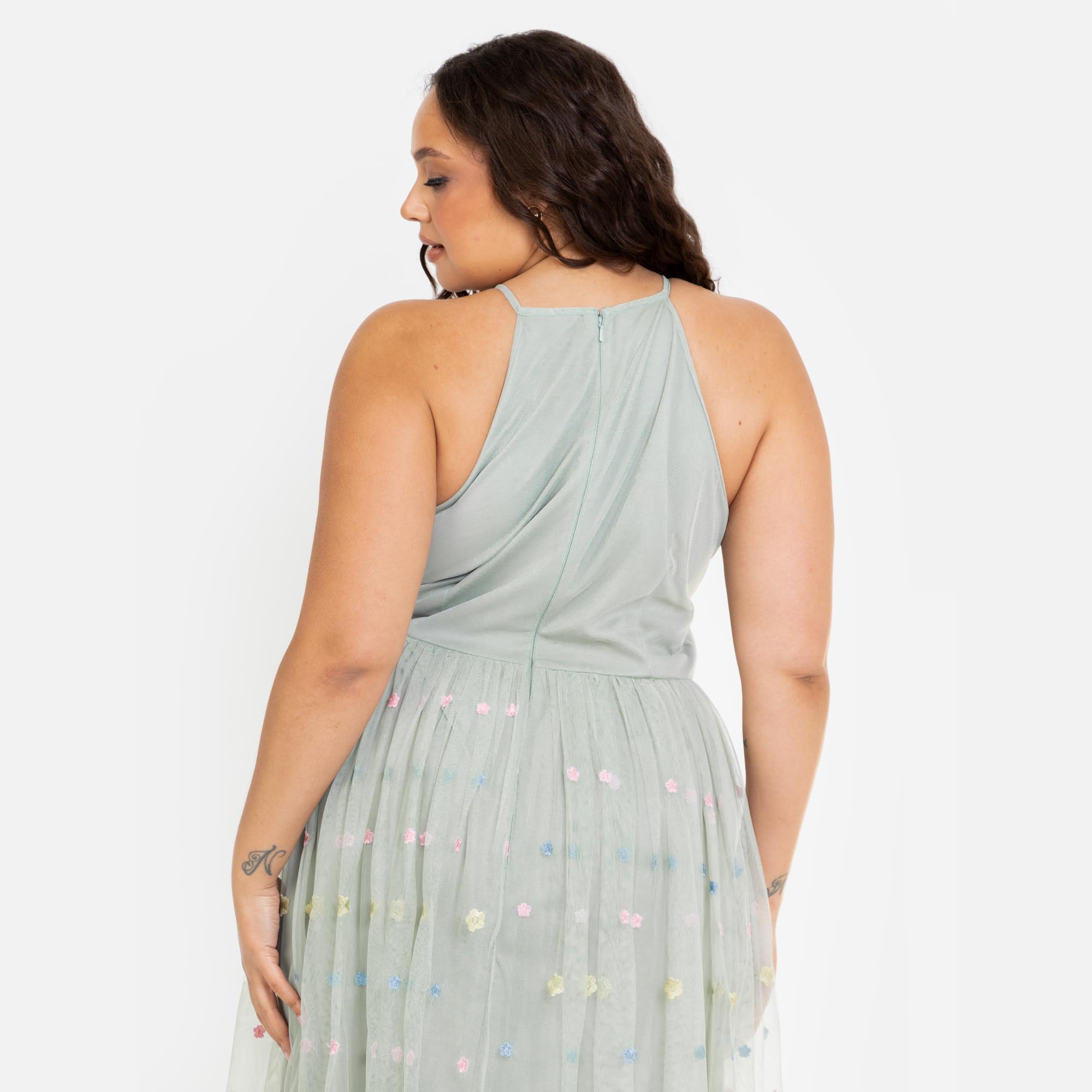 Women's Midaxi Dress Ladies Sleeveless Halterneck Floral Embroidered Tulle A-Line Bridesmaid Wedding Guest Outfit