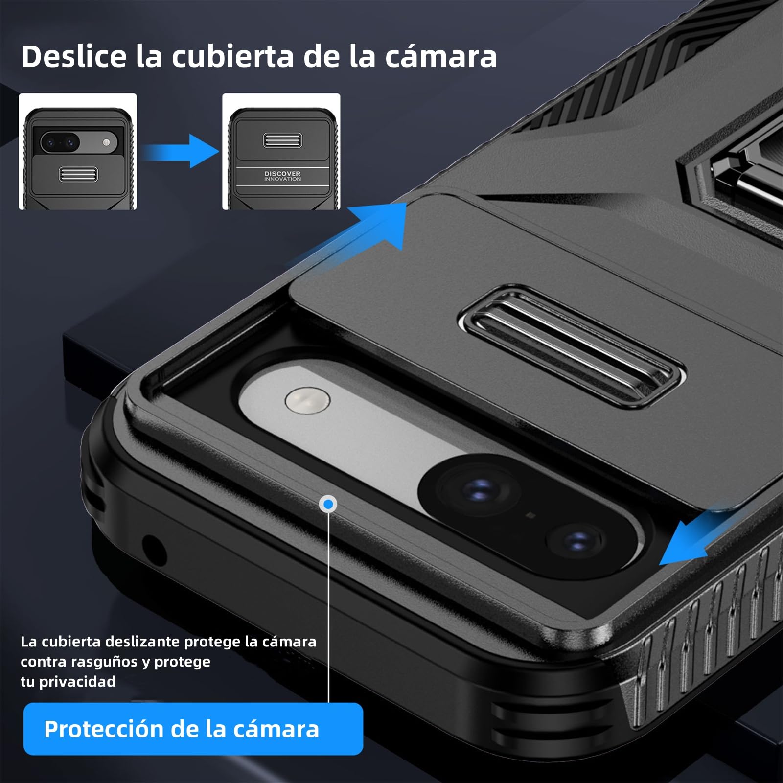 Schutzhülle Für Google Pixel 8A Mit Schiebedeckel Für Kamera & Ständer – Militärschutz, Magnetisch, In Schwarz