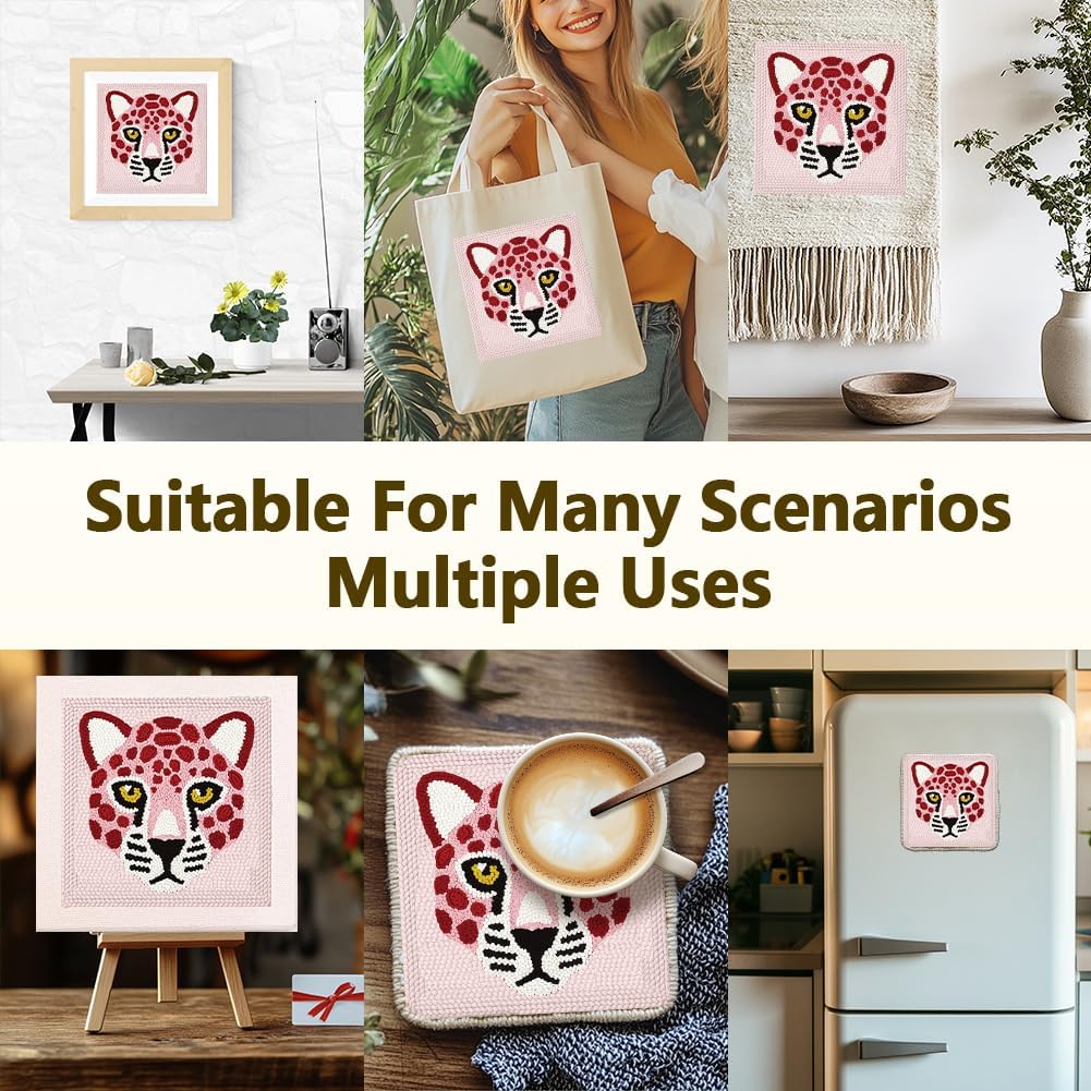 Doodlream Pink Leopard DIY Punch Needle Embroidery Kit for Adult Beginner, 9.4" Pink Leopard Punch Stitching Craft Set for Starter with Frame, Fabric Pattern, Threader, Yarn, Pinch Needle