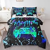 Erosebridal 7 Piece Boys Gaming Comforter Set Queen Size - Gamer Bedding Sets for Kids Teen Video Game Room Decor, Green Blue Graffiti Bed Sheets Set with Fitted Sheet Pillowcases & Pillow Shams