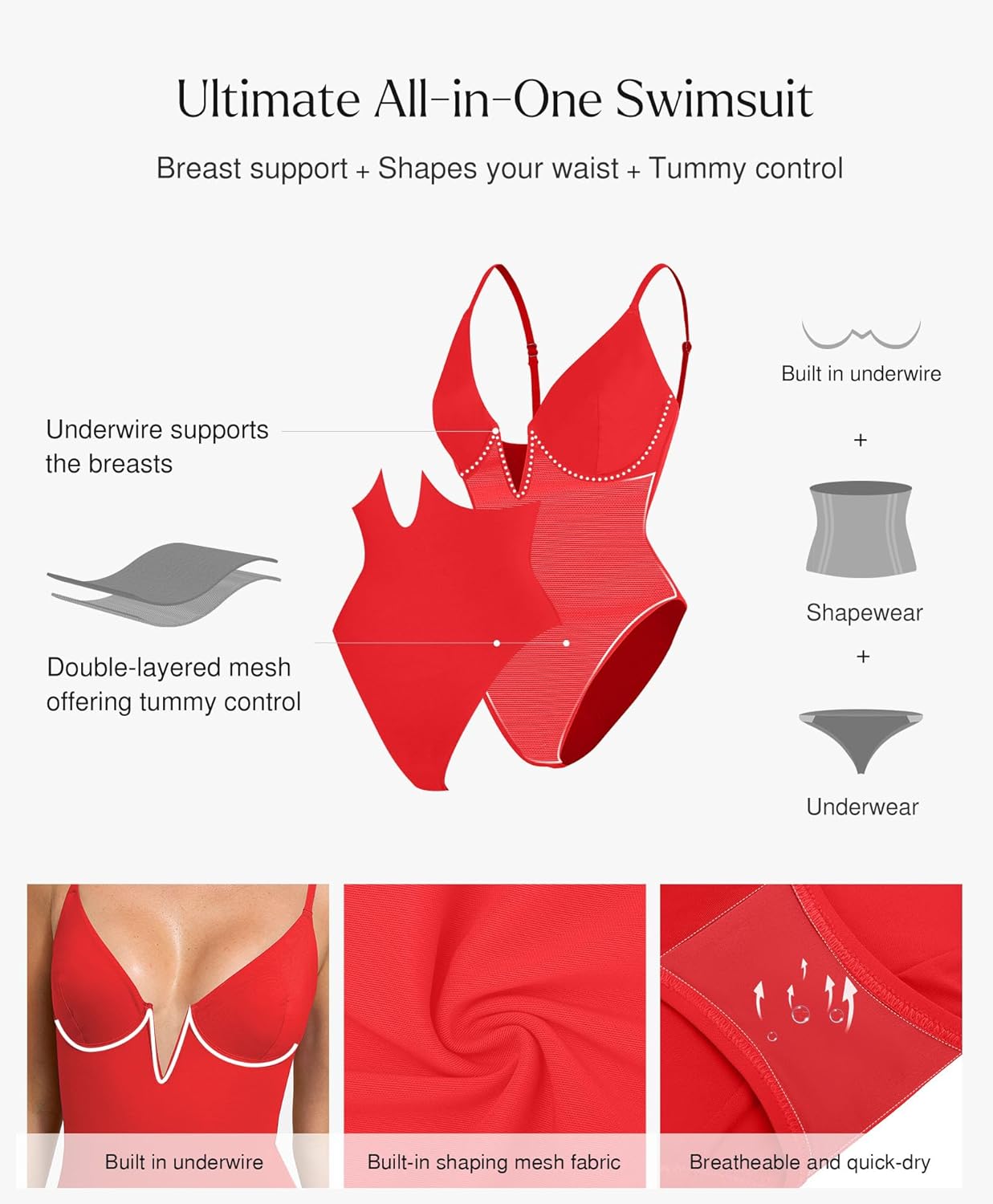 Popilush Tummy Control Swimsuits for Women Shapewear One Piece Deep V Neck Underwire Swimsuit Summer Beach Pool Vacation - Image 3