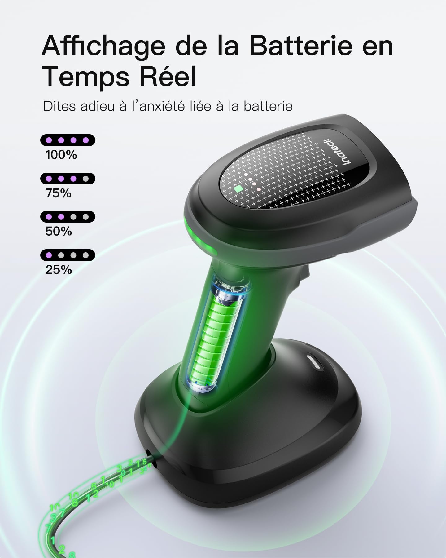 Inateck Lecteur Code Barre sans Fil 2D QR avec Deux Batteries Remplaçables de 2000 mAh, PDF 417 Douchette Code Barre avec Base de Charge, Bluetooth et Filaire USB, pour l'entreposage et la logistique