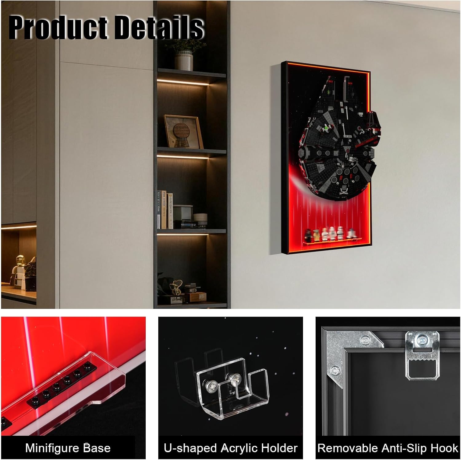 Lighted Display Wallboard Compatible with Lego Star Wars 75389 Millennium Falcon, Upgraded Wall Mounted Display with Led Light, Adult Collectibles Display Wall Frame for Building Blocks (Board Only)