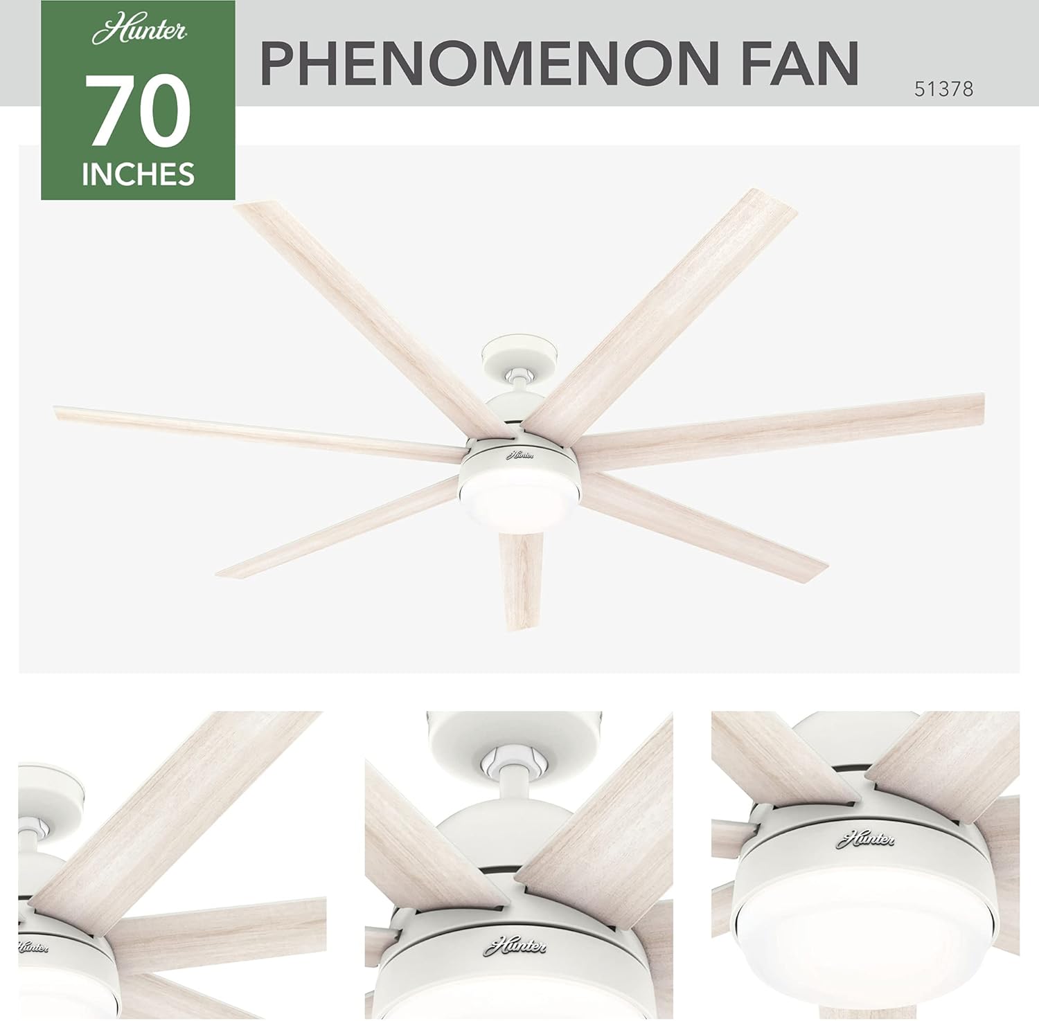 Hunter 70 inch Indoor Ceiling Fan with LED Light and Wall Control - White Smart Ceiling Fan, Standard Mount, 7 Blades, For Bedroom or Living Room, Quiet - Phenomenon 51378, Matte White