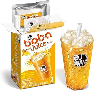 J WAY Instant Boba Bubble Pearl Mango Juice Drinks Kit with Authentic Crystal Tapioca Boba, Ready in Under One Minute, Paper Straws Included, 3 Servings