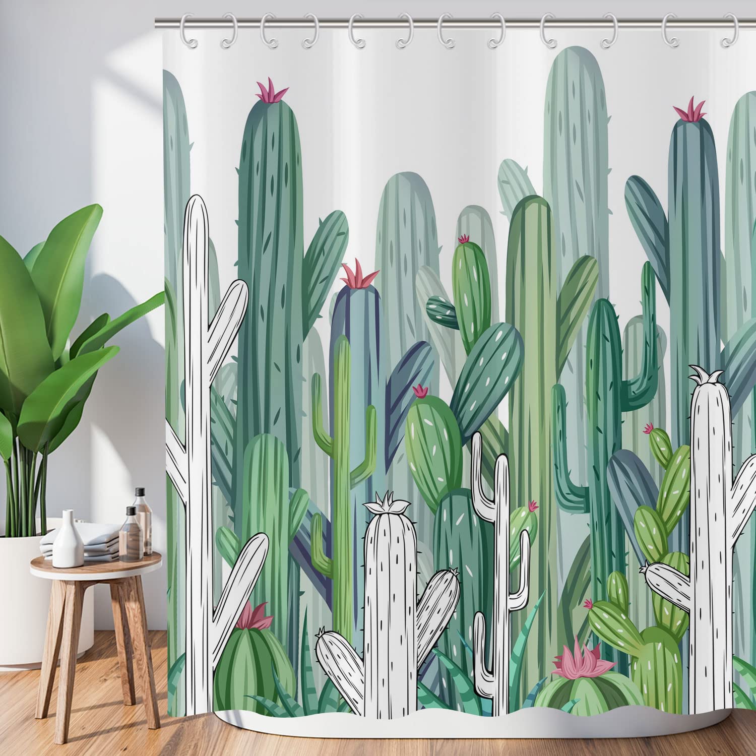 ASDCXZ Shower Curtain Cactus 165x180 cm, Hand Painted Spring Summer Green Cactus Tropical Plants Washable Shower Curtains Antifungal Polyester Textile Waterproof Curtain for Bathtub with 12 Hooks — image 1