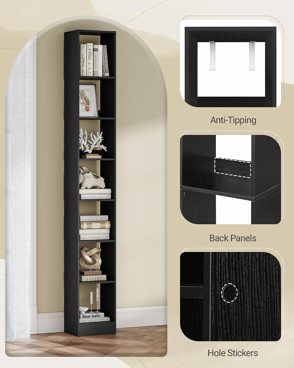 Hzuaneri Bookcase, Tall Narrow Bookshelf, Open Display Storage Shelf image 4