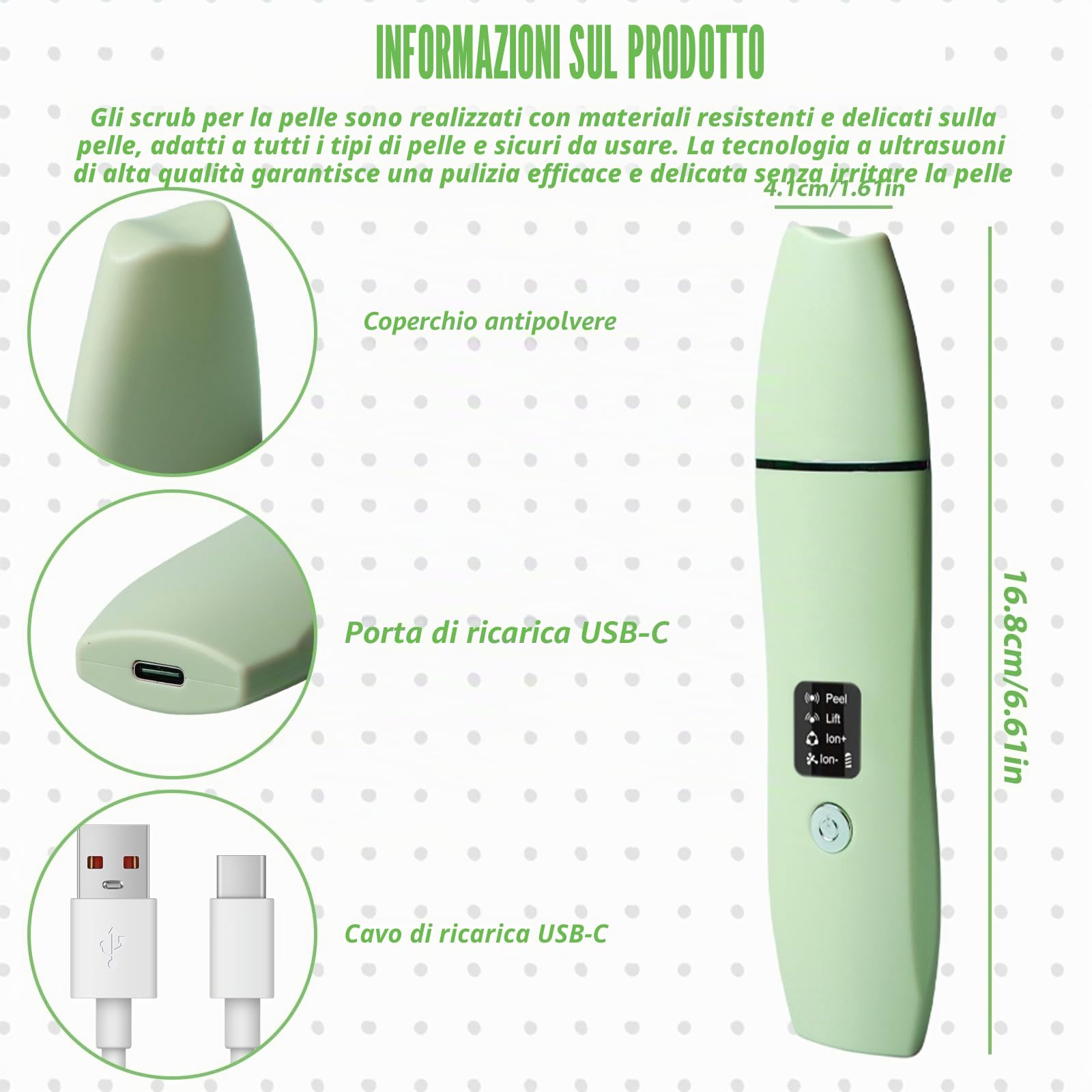 Skin Scrubber - Dispositivo esfoliante ad ultrasuoni, Face Skin Spatula, ricarica TypeC, detergente per pori (verde)