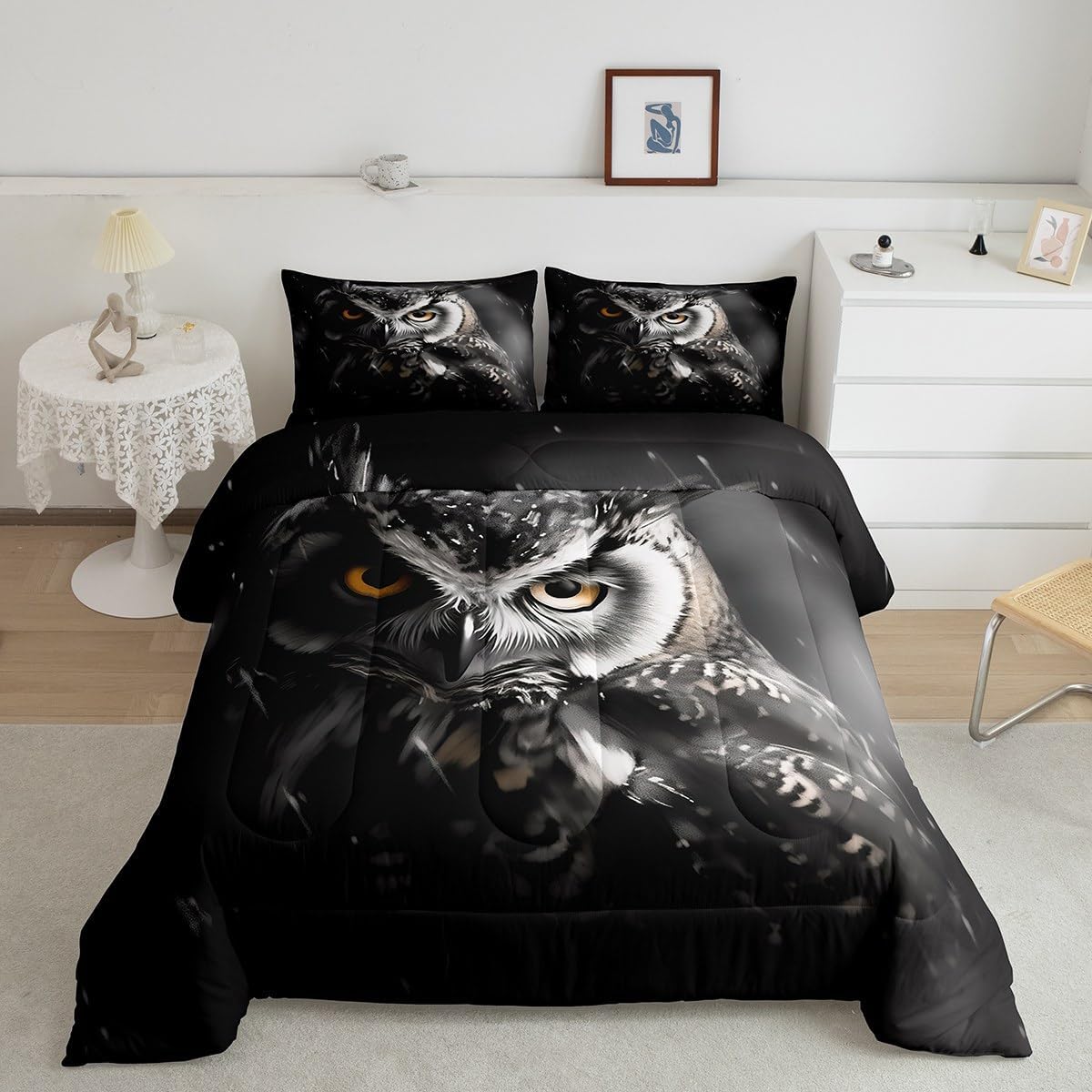 Erosebridal 3D Owl Twin Bedding Sets Black and Grey Comforter Set Twin, Wild Animal Bedding Comforter Sets Cute Bird Duvet Insert, Woodland Wildlife Down Comforter Animal Theme Black Room Decor 2pcs