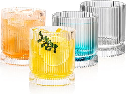 Juego de 4 vasos de vidrio acanalado, vasos de vidrio vintage de 10.3 fl oz, vasos de cóctel, cristalería acanalada de bola baja, juego de