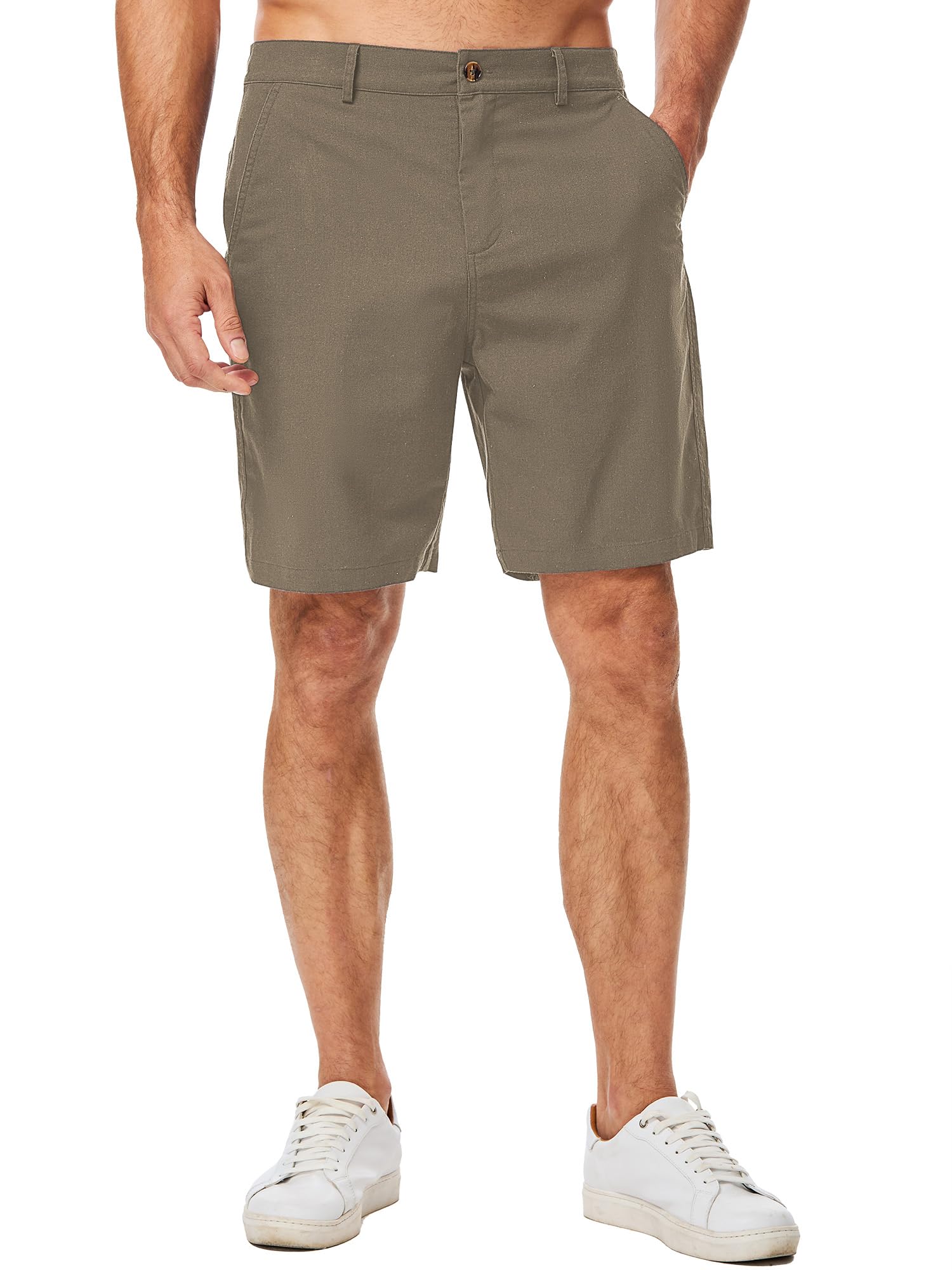 JMIERR Mens Casual 8" Cotton Linen Shorts - Button Waist Summer Beach Shorts with Pockets