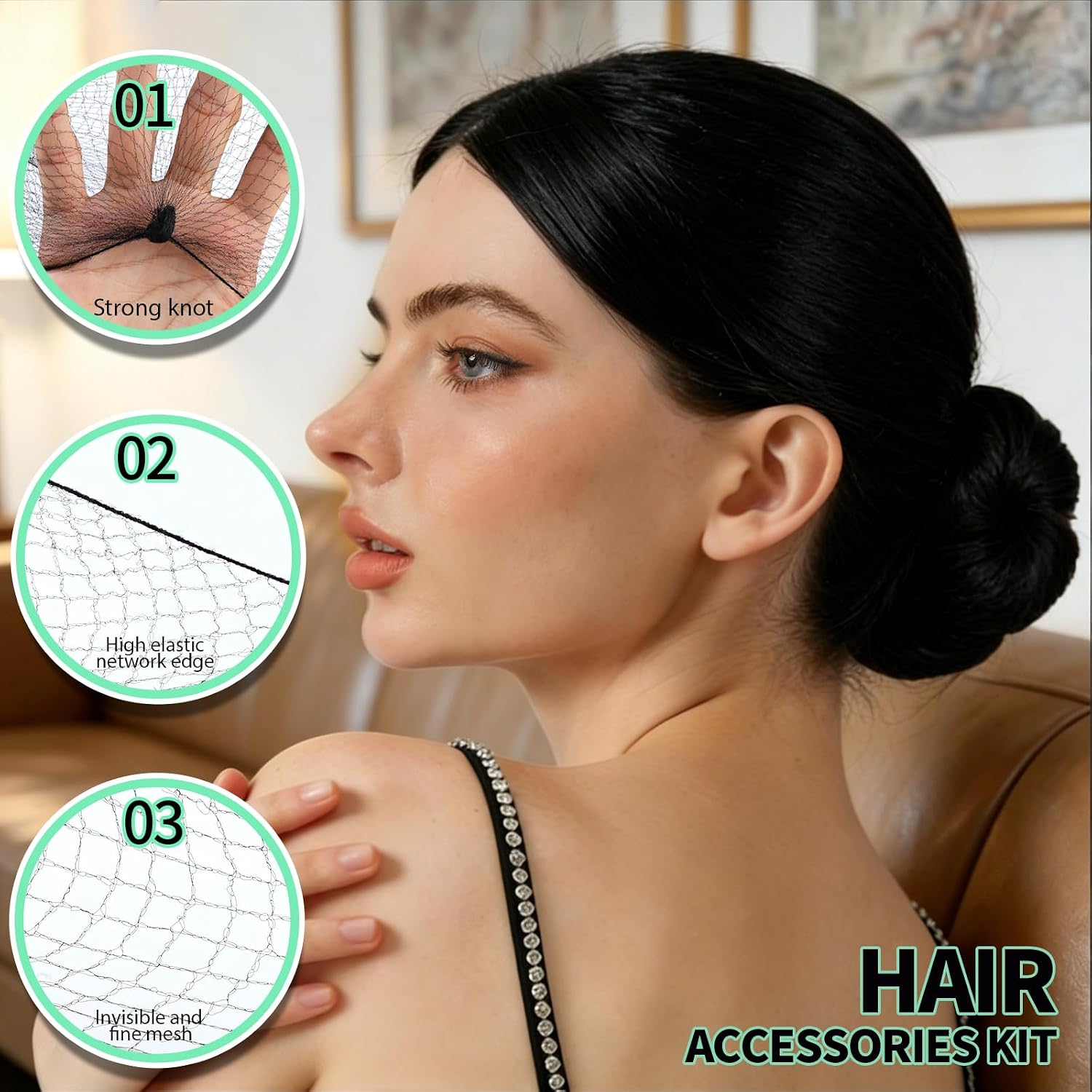 Teenitor Hair Net Set, Includes 20 Pcs Individually Packaged Hair Nets (20 inches) & 40 Pcs Hair Pins for Women, Bun Maker, Black image 3