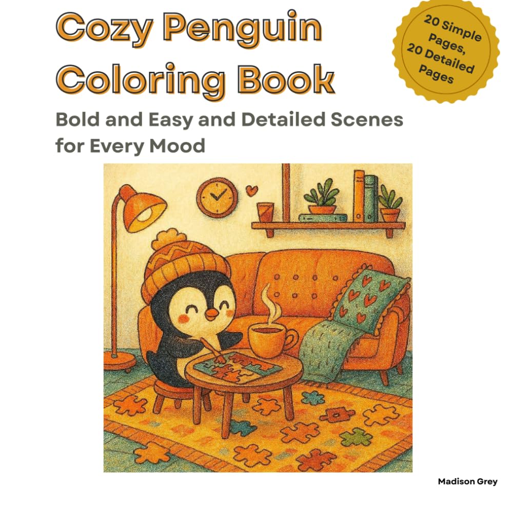 Cozy Penguin Coloring Book for Adults: Bold and Easy Relaxing Scenes Plus Richly Detailed Pages for Every Mood — Adorable Cozy Penguins for Stress ... - Stress Relief Coloring for Every Mood