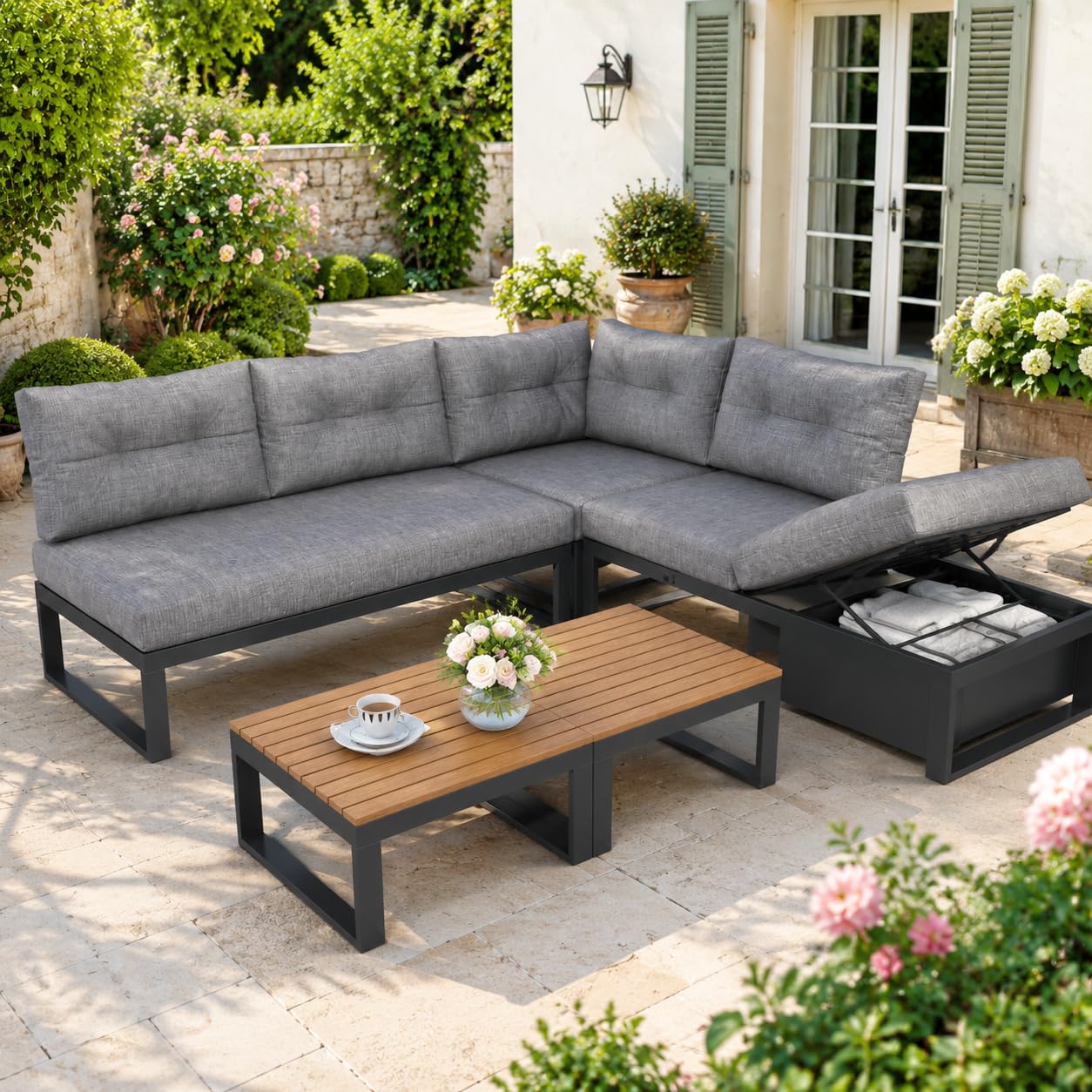 Salon de jardin d'extérieur multifonction, canapé d'angle modulable 5 places résistant aux intempéries, doté de dossiers réglables avec fonction d'inclinaison, d'un espace de rangement et de coussins