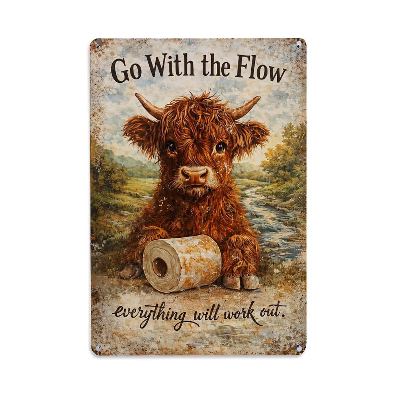 Highland Calf With Toilet Paper Retro Metal Tin Sign, Vintage Metal Poster for Bar, Home, Man Cave, Kitchen, Laundry Room Art Decor 8x12 Inch