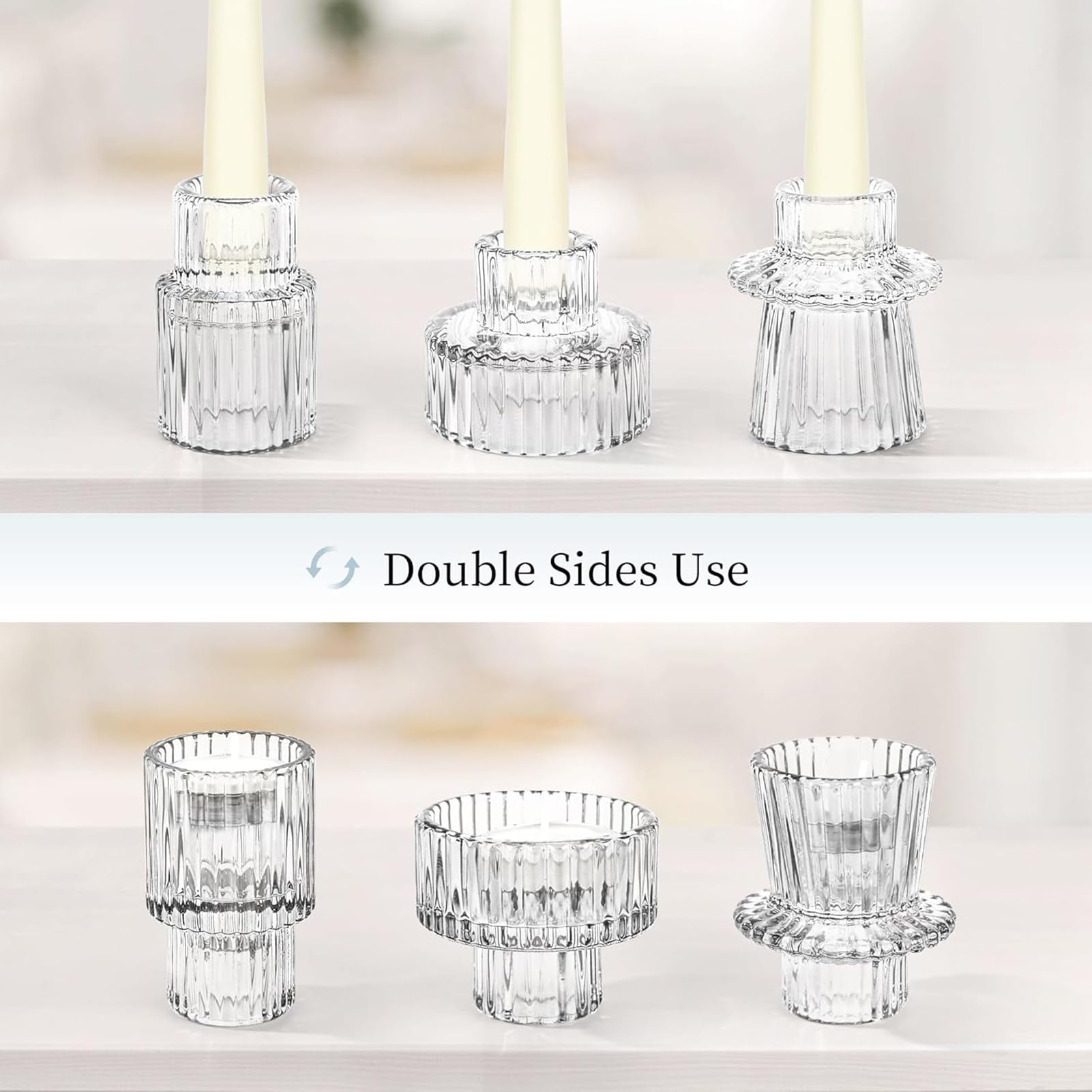 Porta Candele Set, Portacandele da Tavolo, Moderni Vetro Decorazione, Porta Tealight Candle Holder,Cristallo per Casa, Cena, Matrimonio, Festa, Festival (6, Trasparenti)