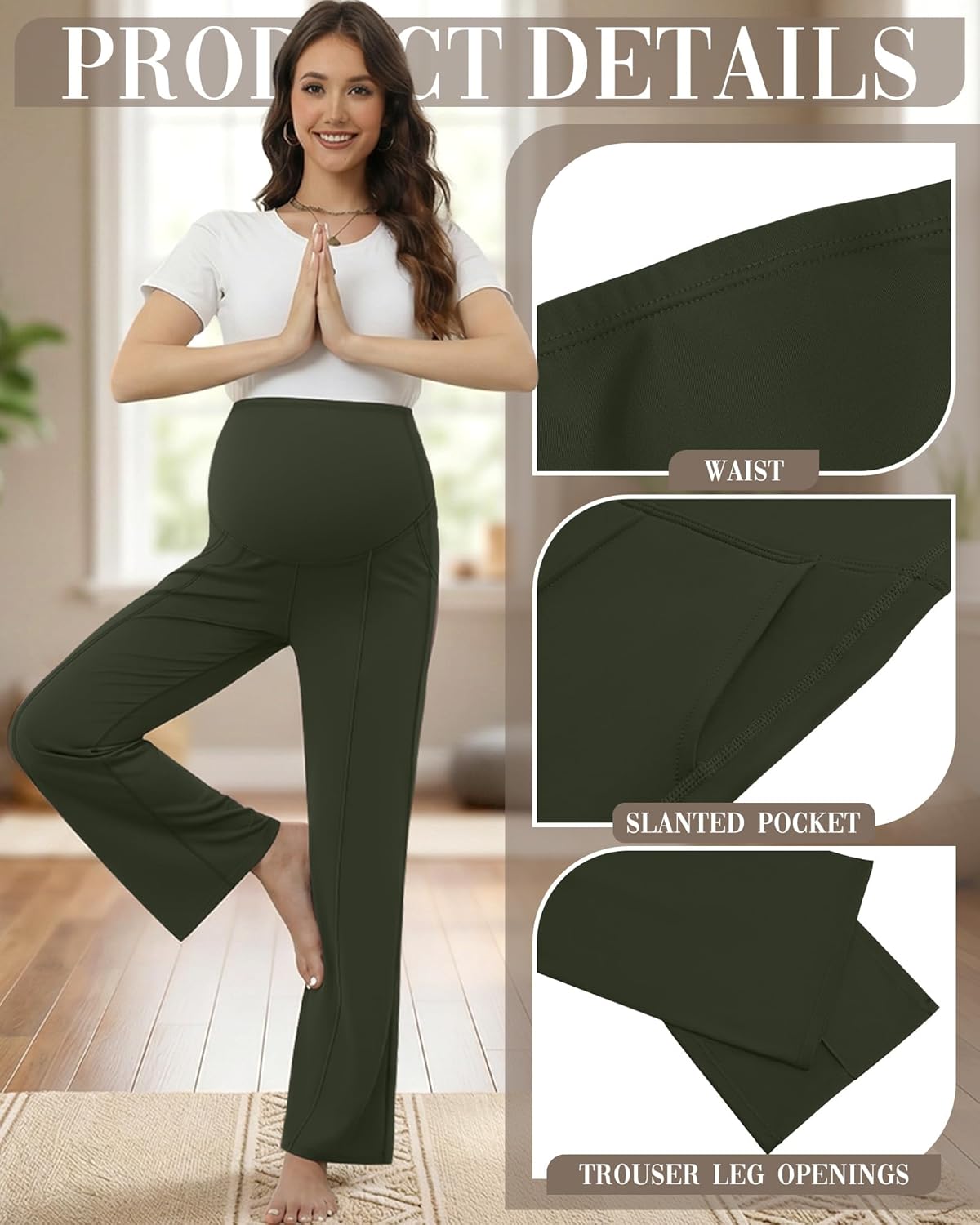 3 Pack Maternity Yoga Dress Pants Over The Belly Pregnancy Pant Stretchy Wide Leg Lounge Trousers with Pocket - Image 4
