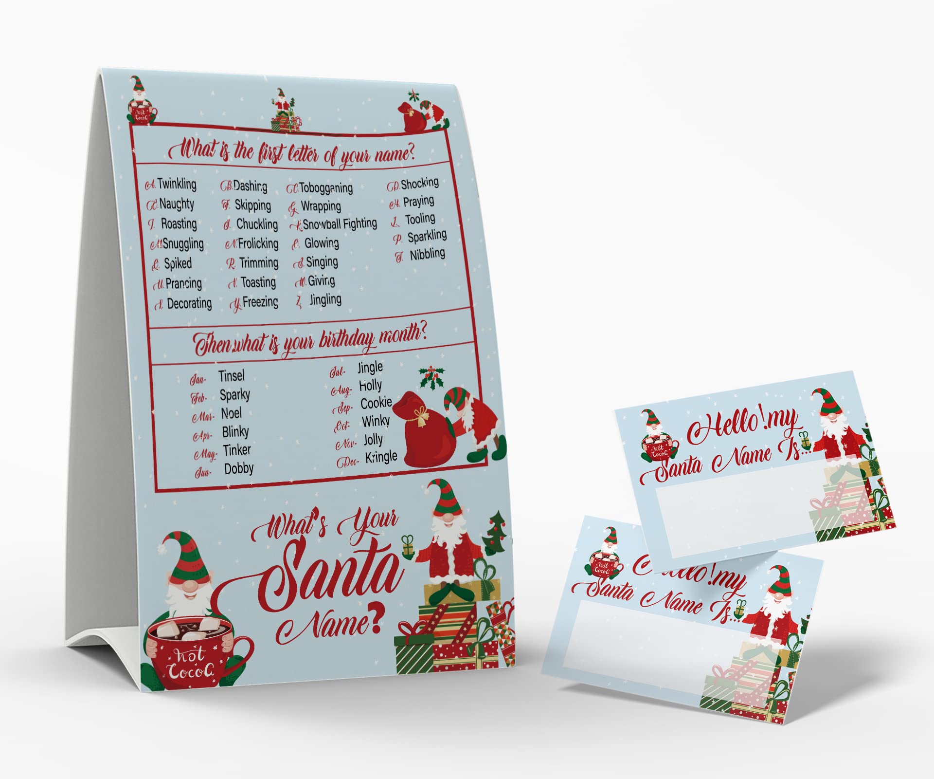 What's Your Santa Name Game, 1 Santa Theme Sign and 50 Name Tag Stickers, Christmas Party Games, Birthday Game for Kids and Adult Parties, Activity Game for Office or Class | JRKP053L