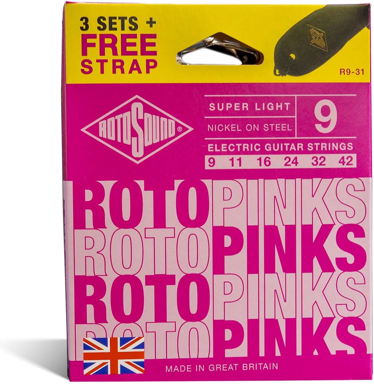 Rotosound R9-31 Electric Guitar Strings with Strap (Pack of 3)
