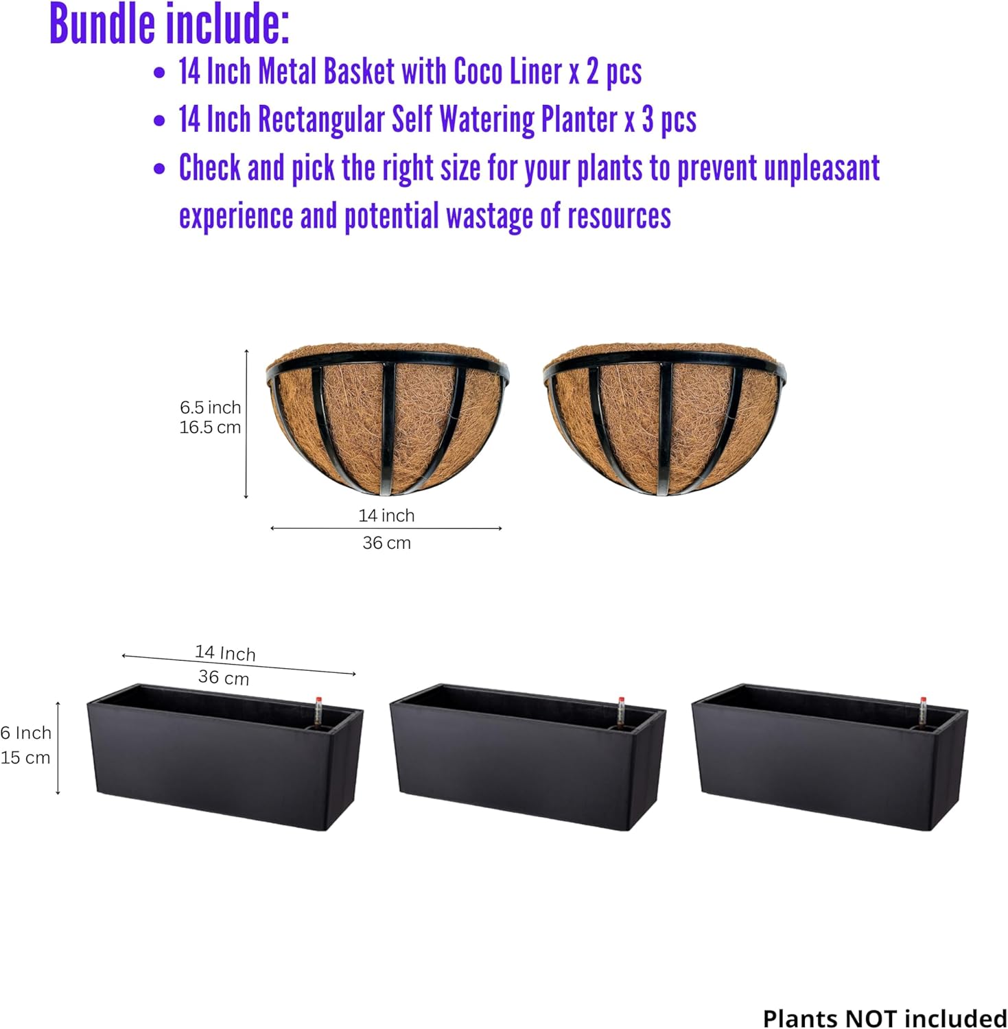 LaLaGreen Bundle- 3 Pack, 14 Inch Rectangular Self Watering Planter + 2 Pack, 14 Inch Metal Basket with Coco Liner Window Hanging Flower Pot Box Modern Balcony Windowsill Herb Home Garden Indoor Decor