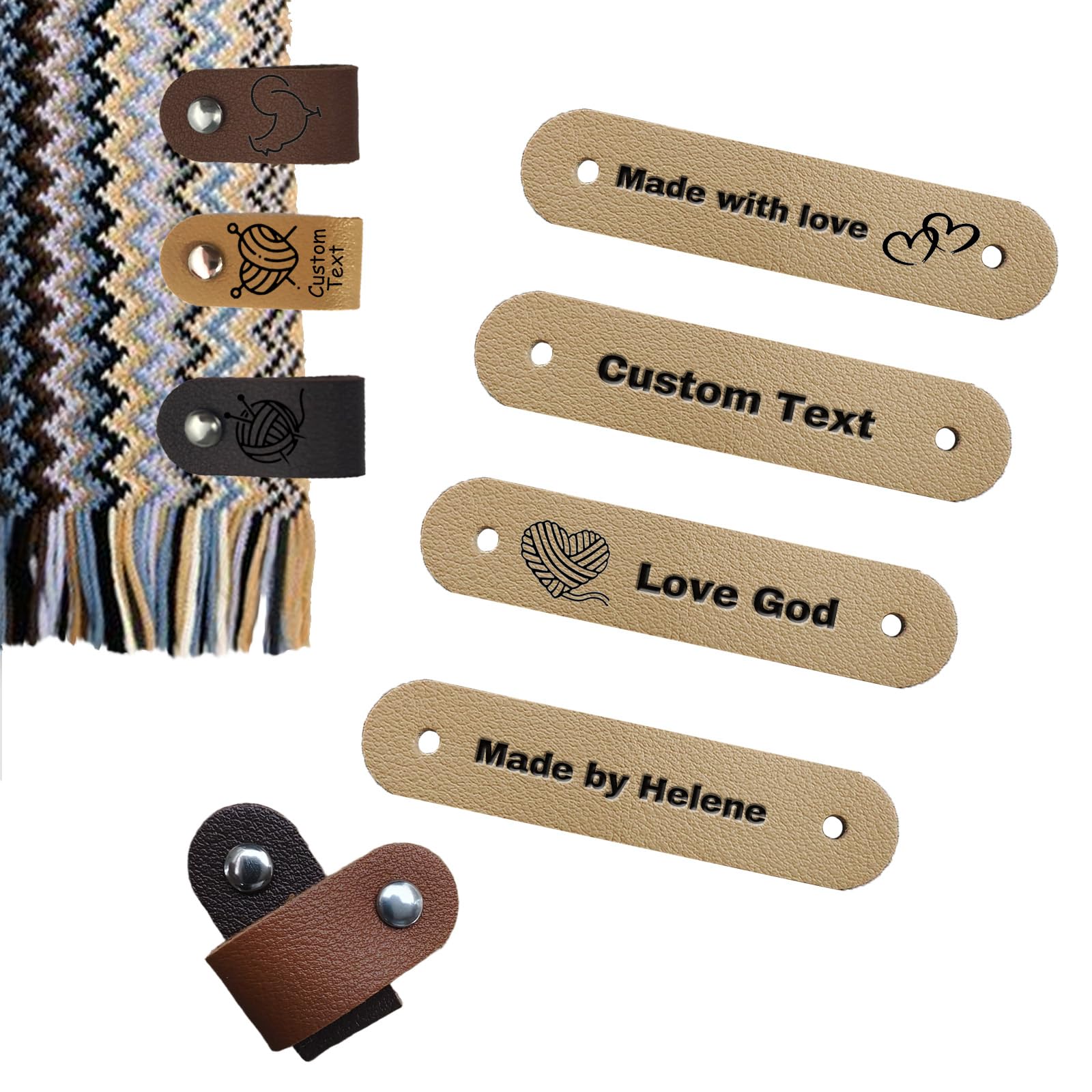 10/20/30/50Pcs Personalized Leather Tags for Handmade Items, Custom Leather Tags for Crochet Items with Rivets, Made with Love Tags for Crochet for Custom Tags Custom Clothing Tags (A1)