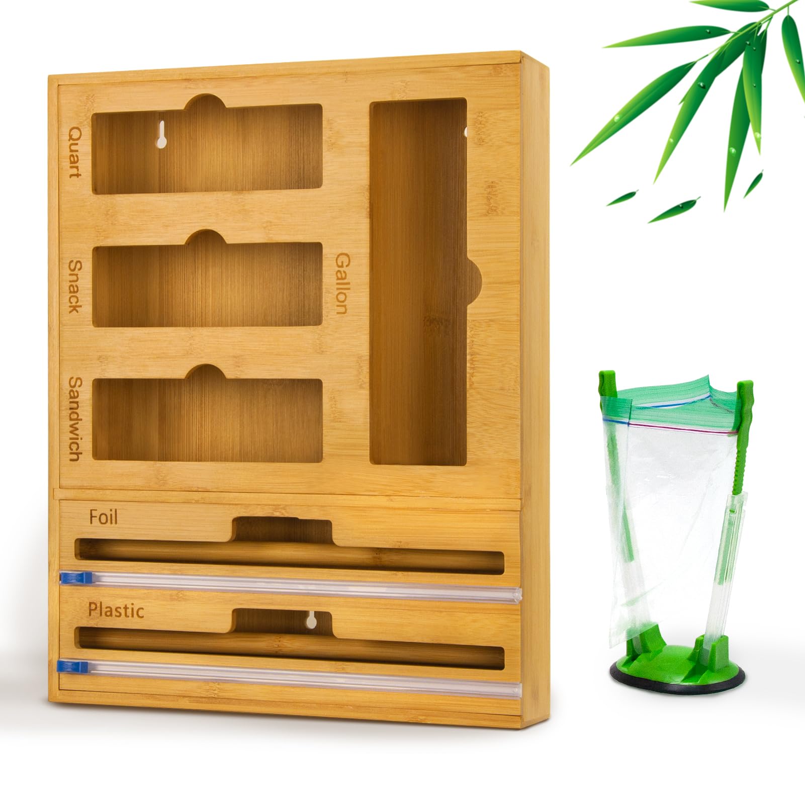 Gnomiya Plastic Wrap Dispenser with Cutter, 6 In 1 Ziplock Bag Organizer, Included 4 Bag Organizer for Kitchen Plastic Bag Storage, 2 Foil and Plastic Wrap Organizer