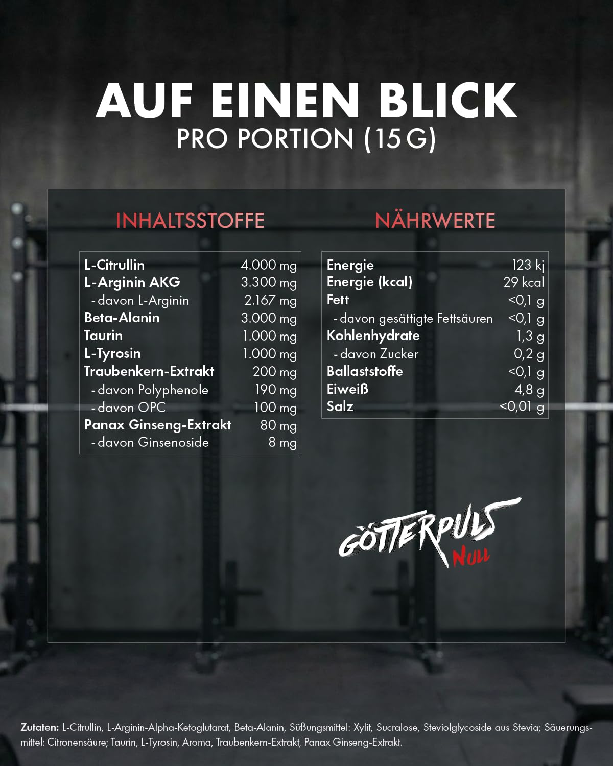 Götterpuls NULL Pre Workout (koffeinfrei) 300g Pulver Pfirsich-Eistee | Mit L-Citrullin, AAKG, L-Tyrosin & Beta-Alanin – Für Kraftsportler – Vegan – Ideal für abends – 20 Portionen