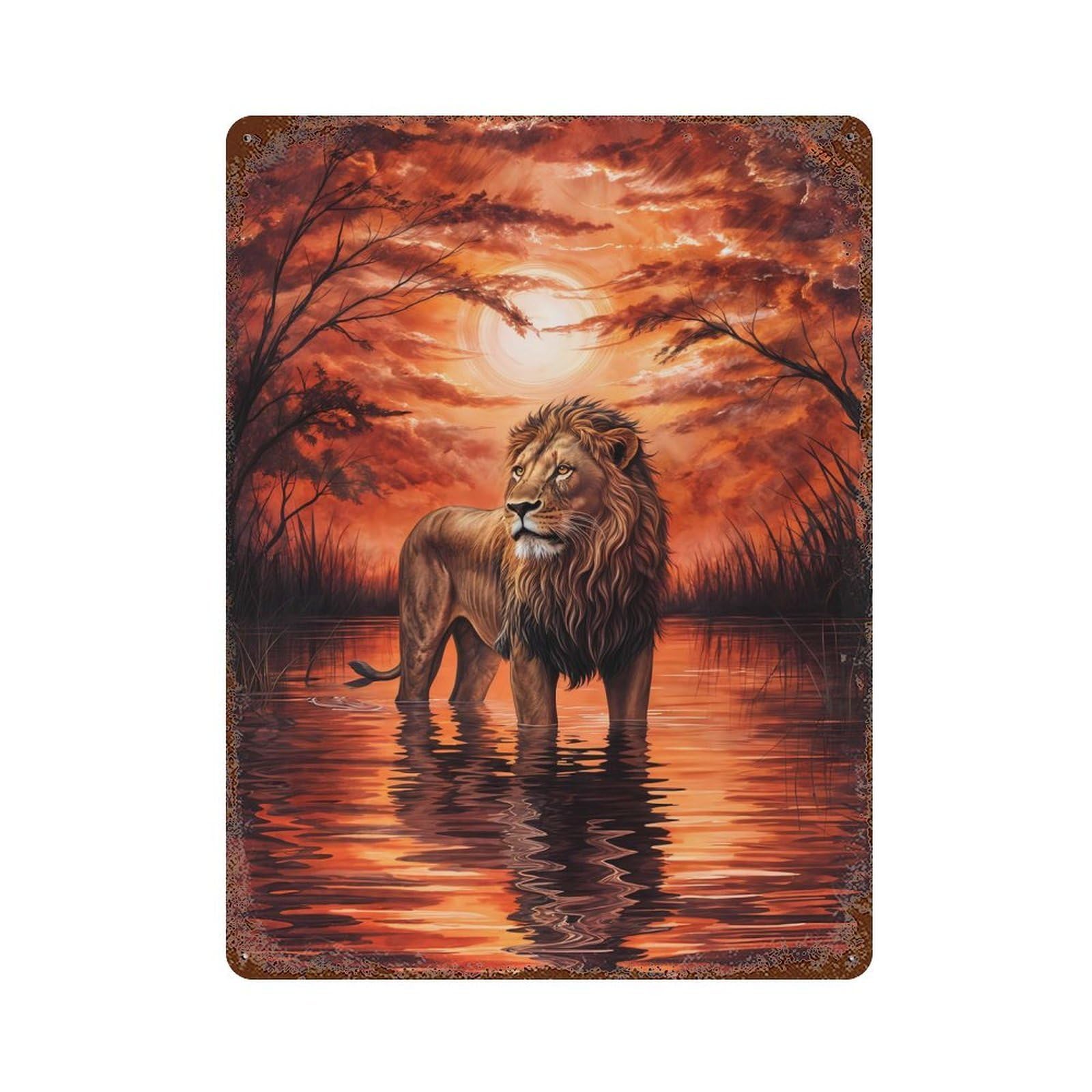 Lion Painting Sunrise Rusty Metal Tin Sign 15.7"x11.8", Old School Wall Decor for Garage, Pub Or Kitchen