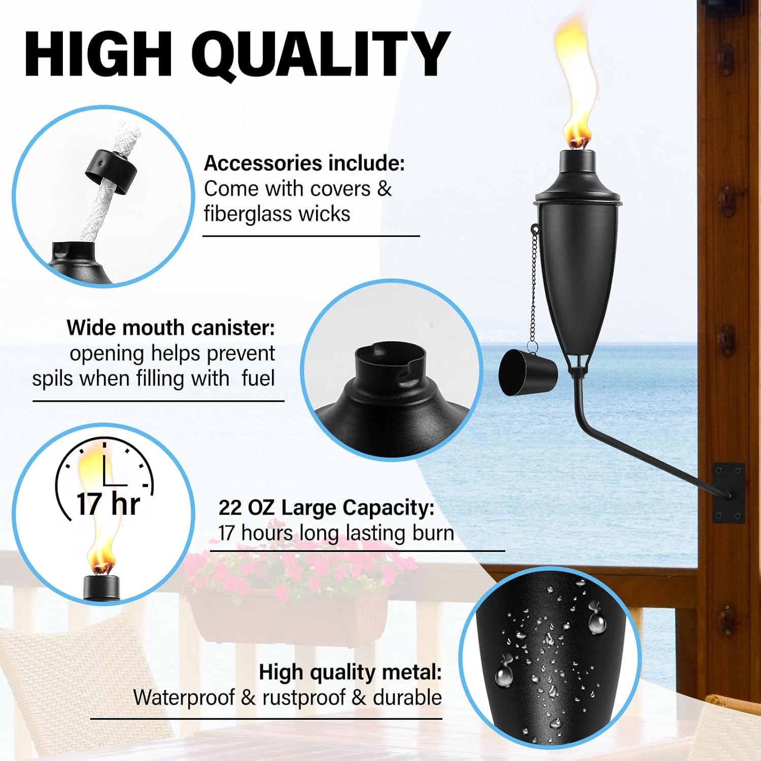 6 Pack Wall Mounted Citronella Torches,22 Oz Garden Torches for Outside, Easy to Set Up and Refill Metal Torch, Flame Light Torch for Indoor or Outdoor Decor.