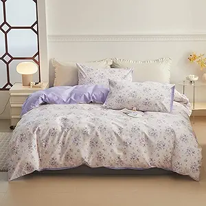 VM VOUGEMARKET Purple Flower Duvet Cover Set Twin Cotton 3 Pcs Girls White Lavender Comforter Cover with Zipper Closure,Romantic Duvet Cover + 2 Pillowcases for Spring
