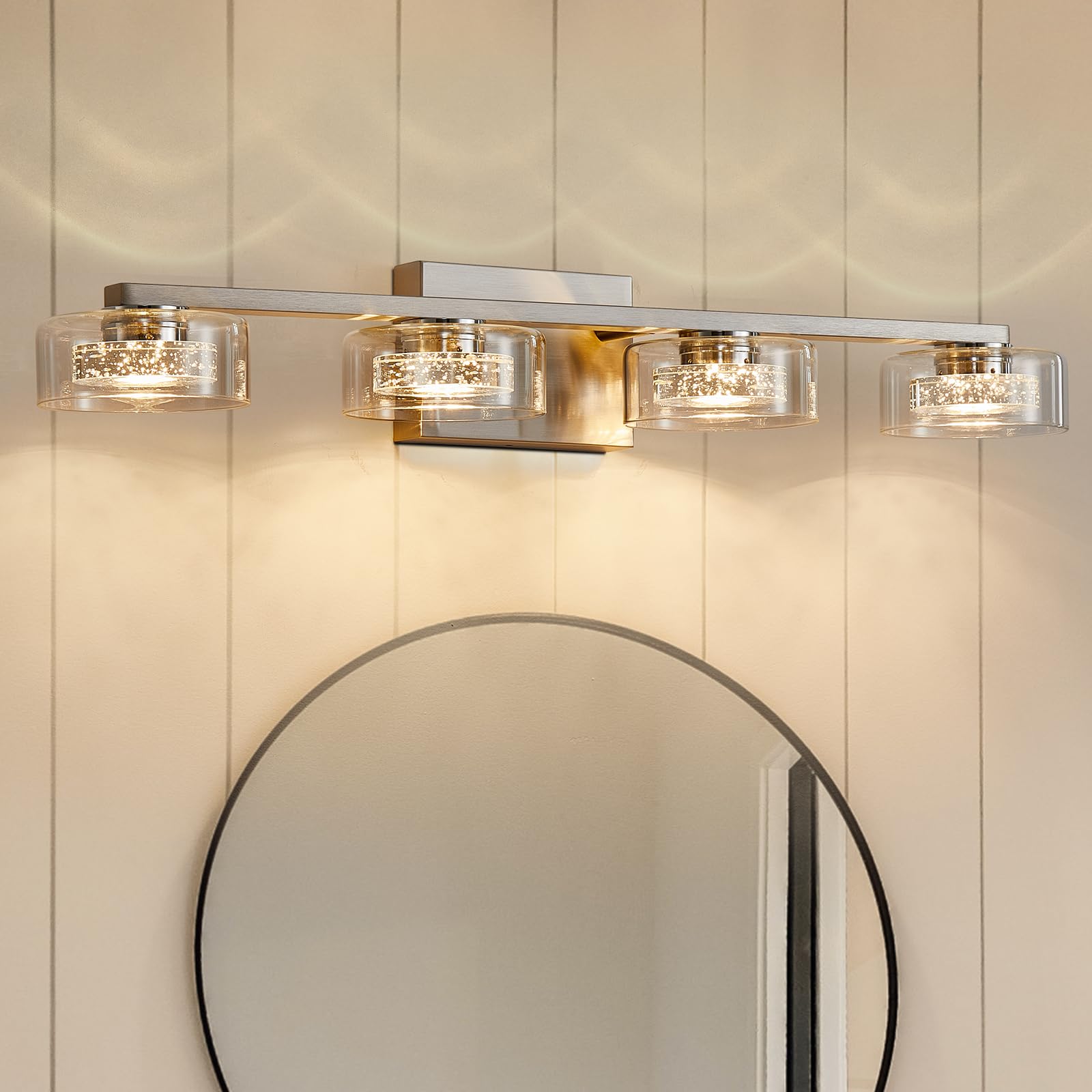 PUNSOKO 4 Light Vanity Light Fixtures, 2700K/4000K/5000K Dimmable LED Bathroom Lights Over Mirror, Modern Brushed Nickel Crystal Vanity Lights for Bathroom(4 Light)