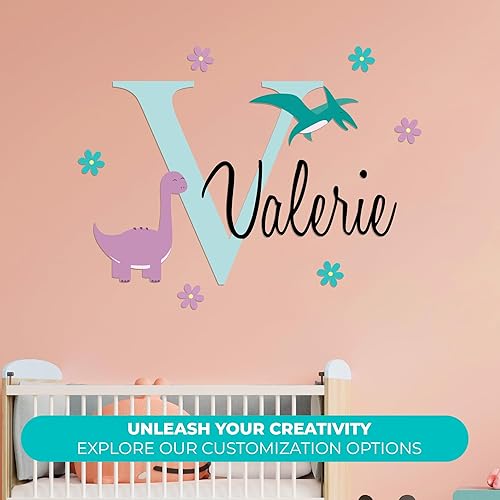 Miniatura 2 de Calcomanías de pared personalizadas con nombre e inicial de dinosaurio, decoración de dormitorio de dinosaurio para niños o niñas, suministros de