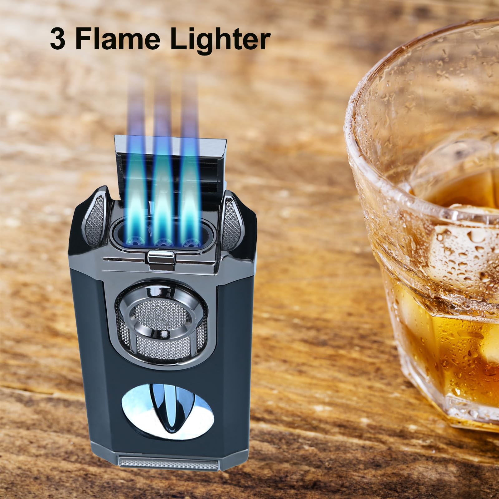 Reetsing Windproof Triple Jet Flame Torch Lighter with Stand – Refillable and Adjustable 3 Flame Lighter with Built-in V-Cut, Quality Gift for Men?Without Butane?