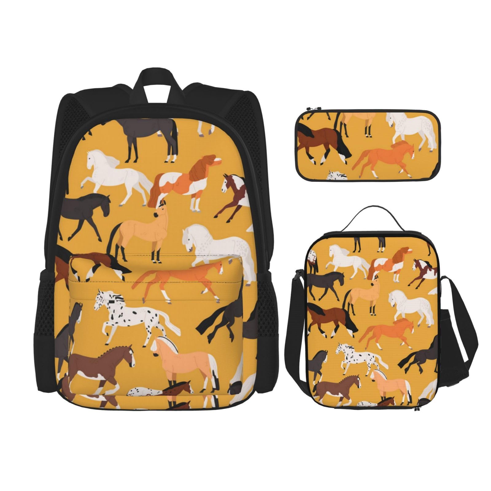 YSOLDA Juego de mochila, mochila escolar, mochila, juego de 3 piezas con bolsa de almuerzo, estuche para lápices,Varios tipos de caballos