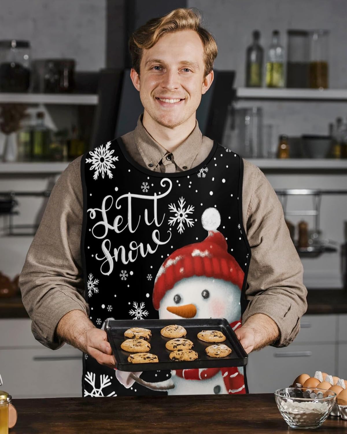 Snowman Cobbler Aprons with 2 Pockets Bib Merry Christmas Black Red Winter Snowflake