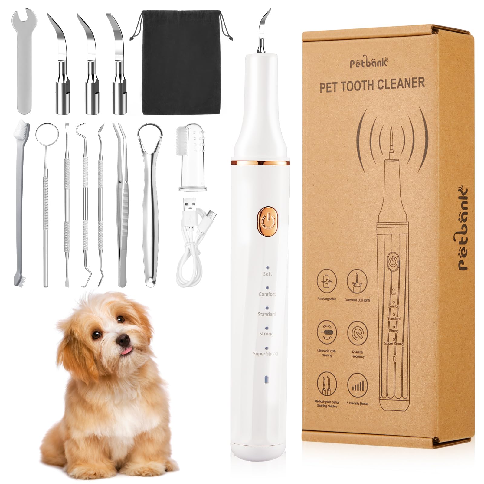 Petbank Kit Pulizia Denti Cane 14-in-1 - Spazzolino Ultrasuoni Cani con Luce LED, 5 Modalità di Spazzolino Denti Cane, USB Ricaricabile Spazzolino per Cani con Scaler Scraper