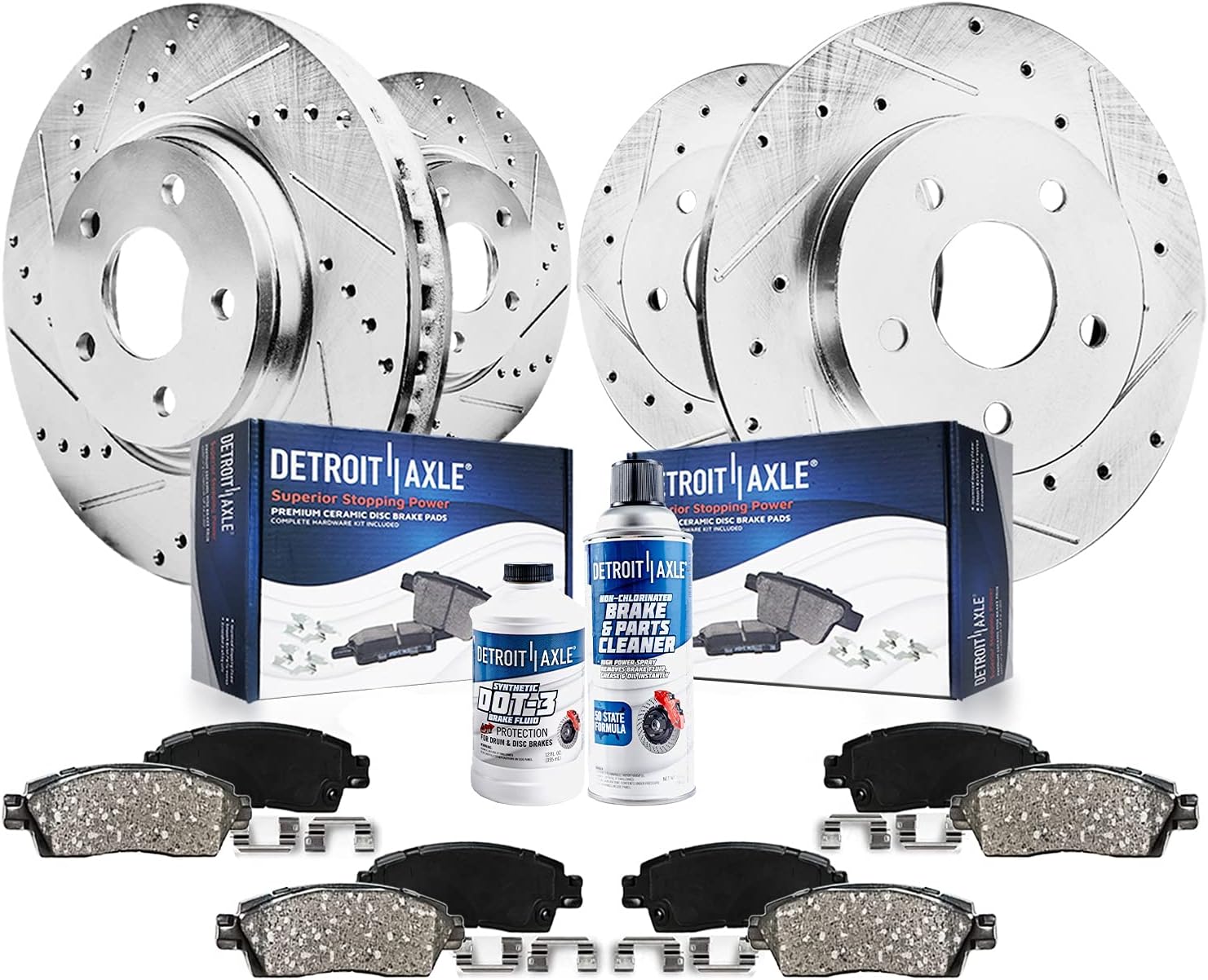 Detroit Axle - Brake Kit for 99-04 Ford Mustang Base GT Drilled & Slotted Brake Rotors 1999 2000 2001 2002 2003 2004 Ceramic Brakes Pads Front and Rear