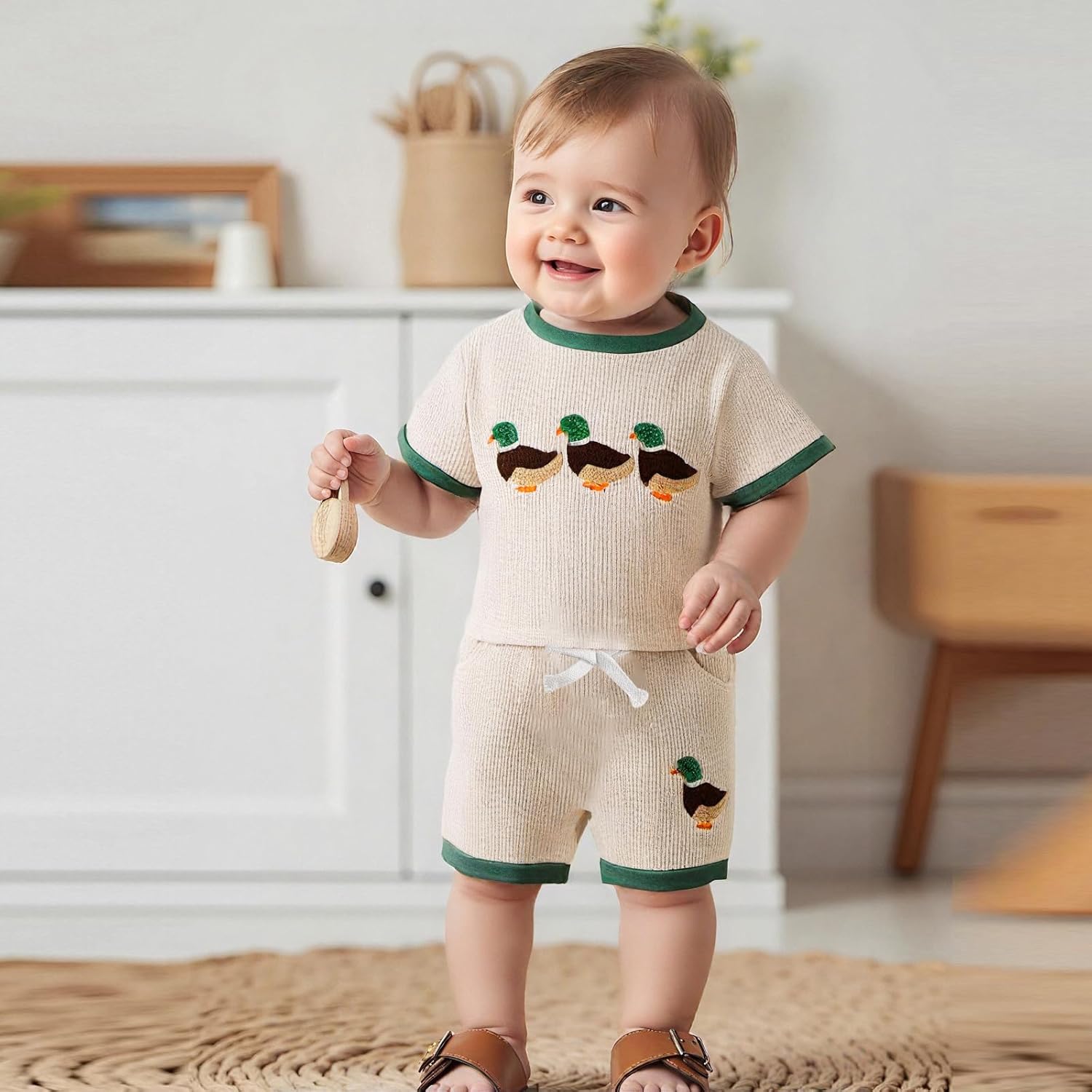 Toddler Baby Boy Summer Outfit Mallard Duck Embroidery Short Sleeve T-Shirt Tops Waffle Shorts Set Hunting Clothes - Image 3