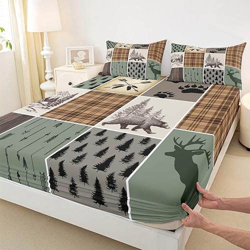 Miniatura 221 de Sábana bajera ajustable de oso de caza, juego de ropa de cama a cuadros de búfalo, sábanas de retazos de cabaña rústica para niños, niños, Multi