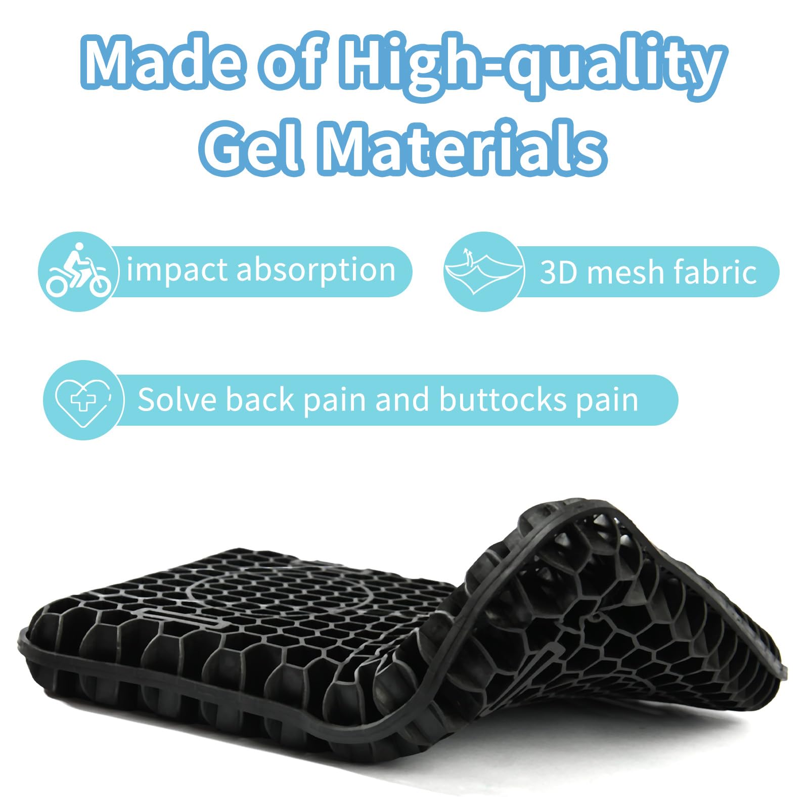 Cojín de gel para asiento de motocicleta, 8,7 x 11,4 pulgadas, diseño de panal de abeja 3D, amortiguador, transpirable, para viajes largos y cómodos (trasero)
