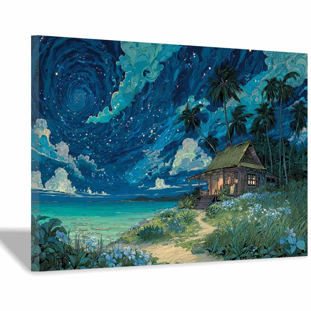 HOQIU Natural scenery wall art Tropical Starry Hut decorative painting, wall art, for Living Room Bathroom Bedroom Kitchen Decoration.(Multicolor)-70x100cm Framed