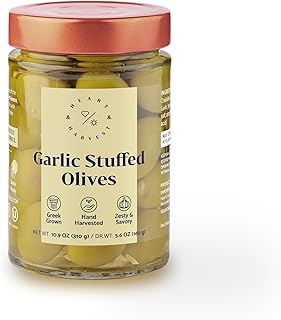 Heart & Harvest Garlic Stuffed Green Olives – Authentic Greek Chalkidiki Olives Hand-Stuffed with Garlic – All Natural, Vegan, Non-GMO, Kosher, Gluten-Free Mediterranean Snack or Pantry Staple – 10.9 oz