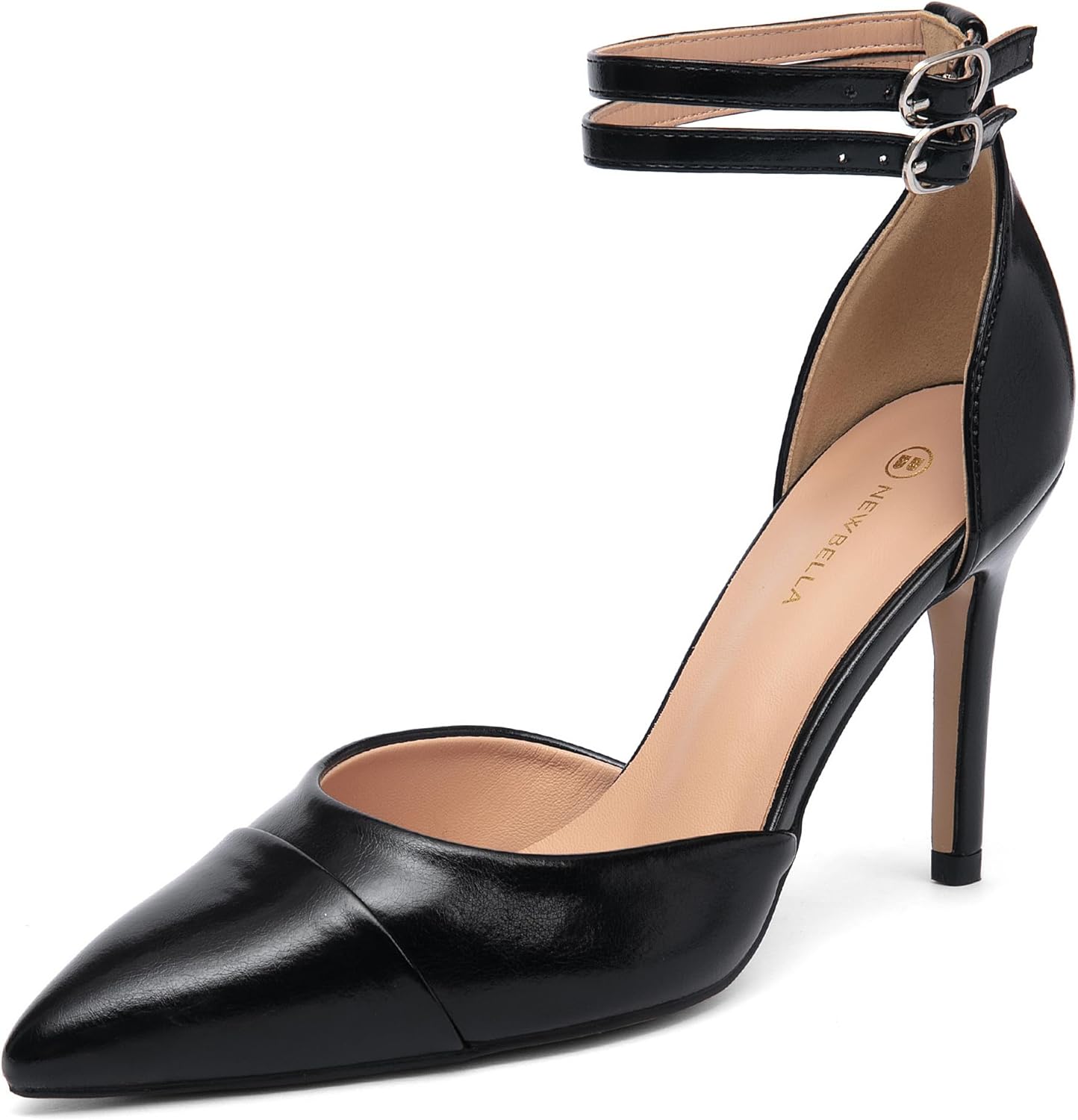 NEWBELLA Women's Double Buckle Stiletto Sandals - Elegant Pointed Toe Pumps for Daily Commute & Evening Events, Comfortable Dress Shoes with Adjustable Straps