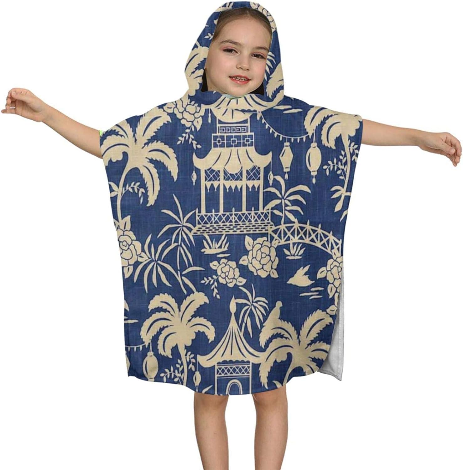 XIAOBING Blue Chinoiserie Large Hooded Bath Towel for Kids